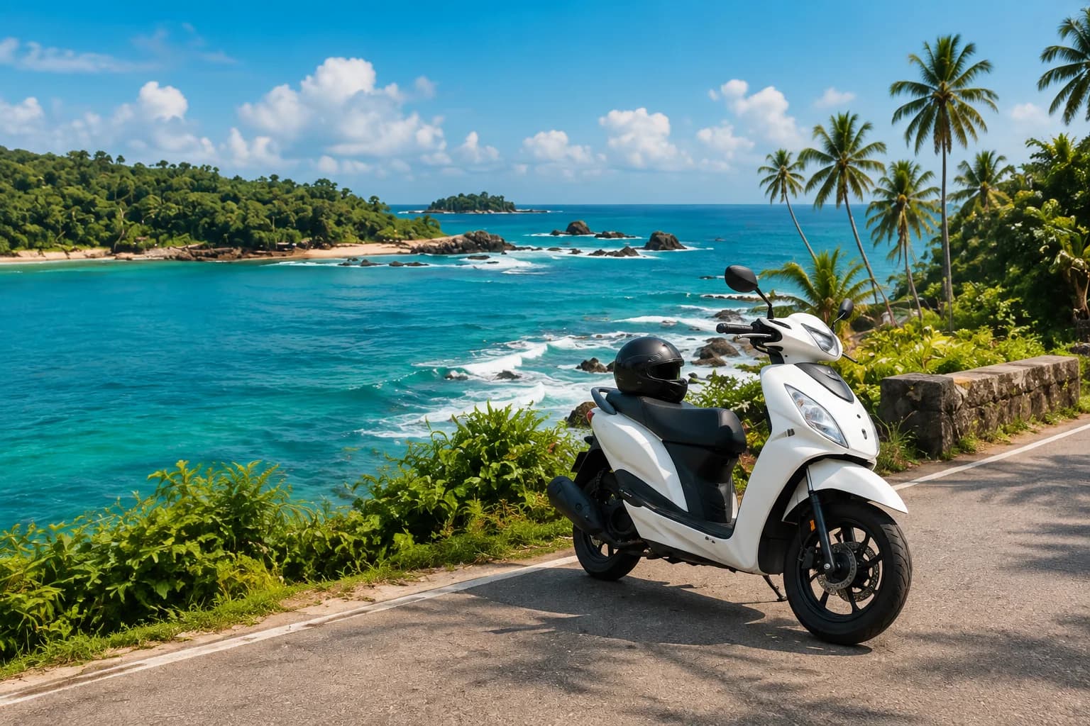 A white scooter with a helmet by the coast