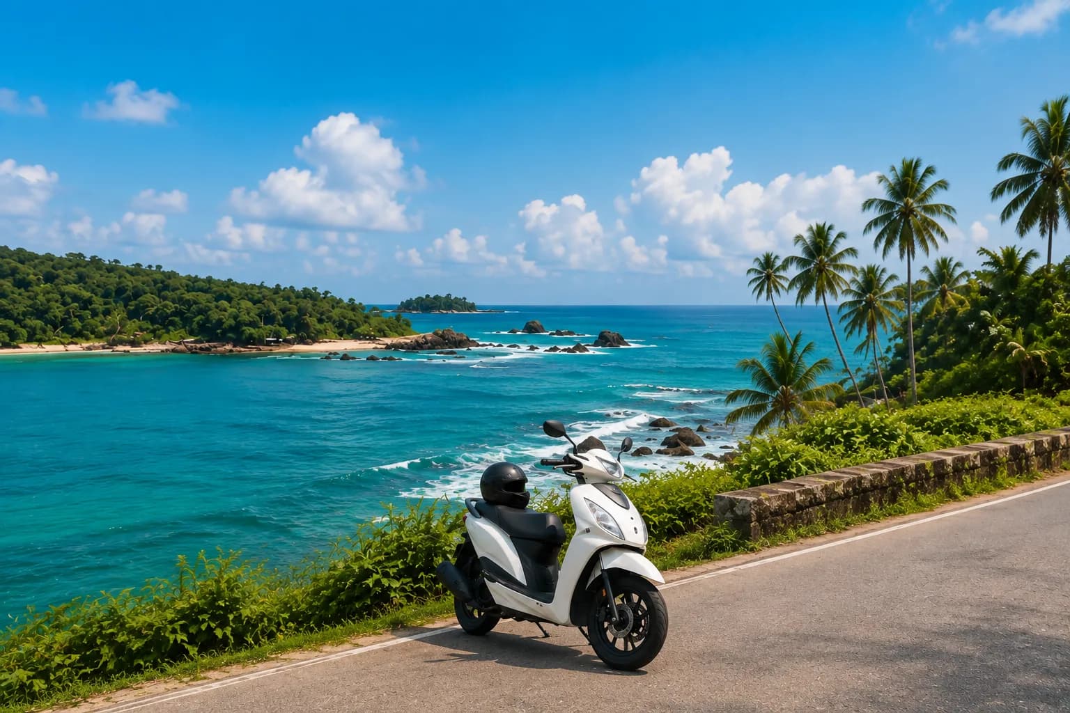 White scooter parked on a sunlit road beside the turquoise Sri Lankan coast